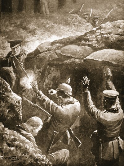 コクソン軍曹は、塹壕への攻撃中に彼を攻撃した3人のドイツ人の党の2つを撃ちます 作： W. Avis